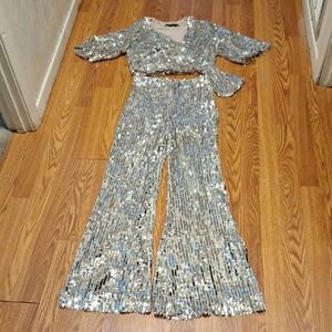 Zara Silver Sequin wrap top and pants